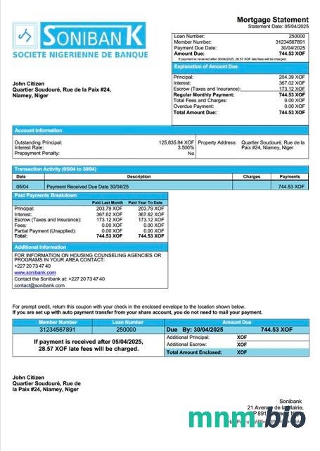 Niger Sonibank wyciąg z kredytu hipotecznego szablon Word i PDF